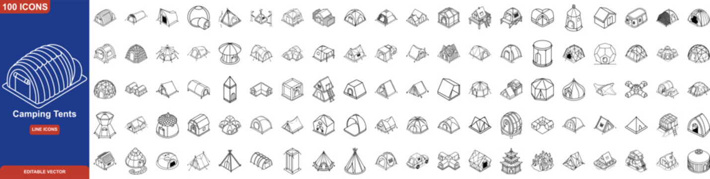 Camping Tent Icon Set Line Style. Including Isometric Dome, Tipi, Glamping Bell, Rooftop, Family, and Adventure Outdoor Shelters