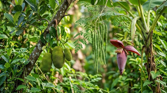 Green jackfruit hanging on a tree branch next to long moringa pods and a purple banana flower bud
