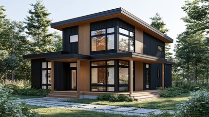 Fototapeta premium Modern Two-Story Contemporary Home Design with Large Windows and Wood Accents in a Forest Setting