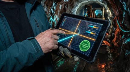 Fototapeta premium geotechnical inspection and digital excavation monitoring. subterranean surveyor checking 3d cylinder mesh and safety parameters. precision laser navigation in underground tunnel.