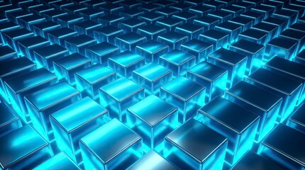 Obraz premium Abstract 3D background with glowing blue metallic cubes in a futuristic digital grid pattern.