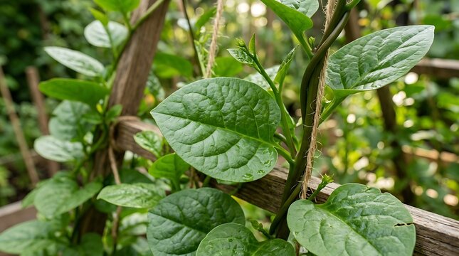 Green malabar spinach leaves climbing on a wooden trellis with twine in a sunny vegetable garden