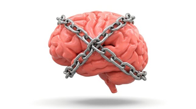 Human brain wrapped in heavy metal chains representing mental block or cognitive restriction.