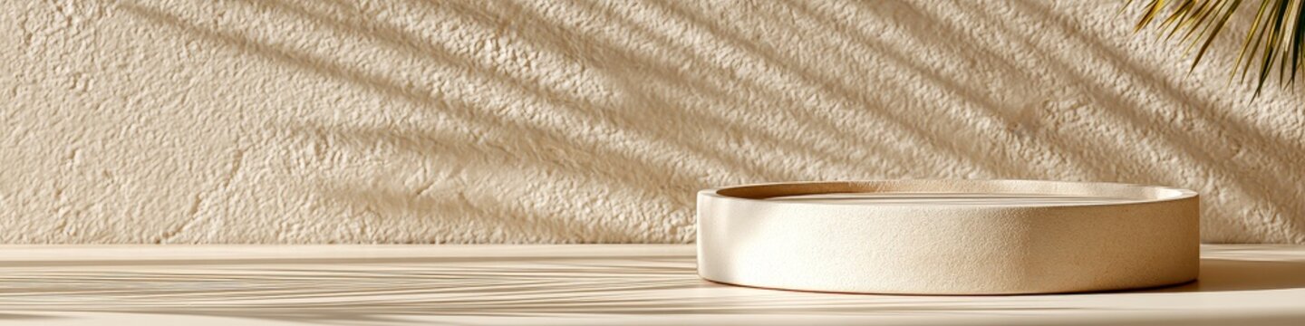 Minimalist product display on a beige plaster background with sunlight shadows for luxury skincare mockup
