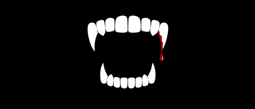 Minimalist Vampire Fangs with Blood Drop on Black Halloween Background