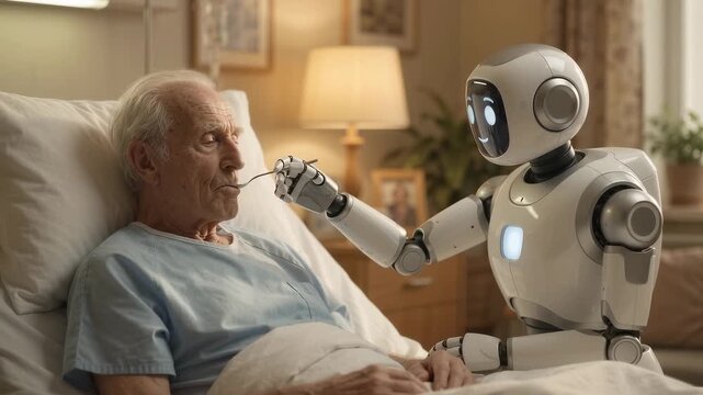 Video of a gentle caregiving robot feeding a bedridden elderly patient with a spoon, slow careful robotic arm movement, patient smiling weakly