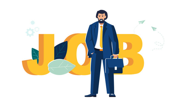 Business businessman with briefcase. Job, work, business finance, people. Banner design template, yellow letters, text, inscription, green leaves. Financial expert, employer. Vector illustration
