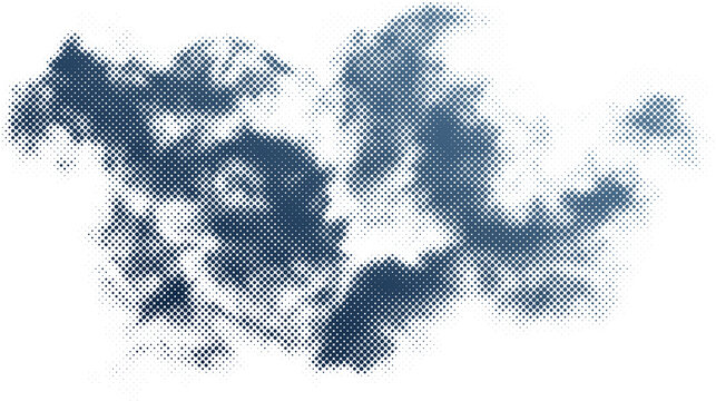 Abstract blue halftone cloud shape formed by small dots isolated on white background transparent background