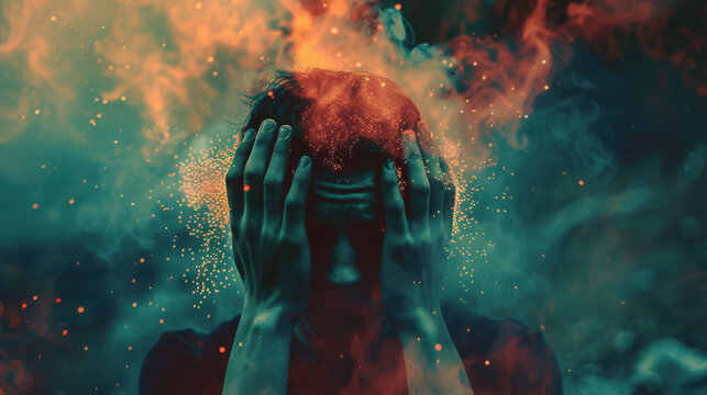 Silhouette of Person with Vibrant Colorful Smoke Explosion in Dark Atmosphere