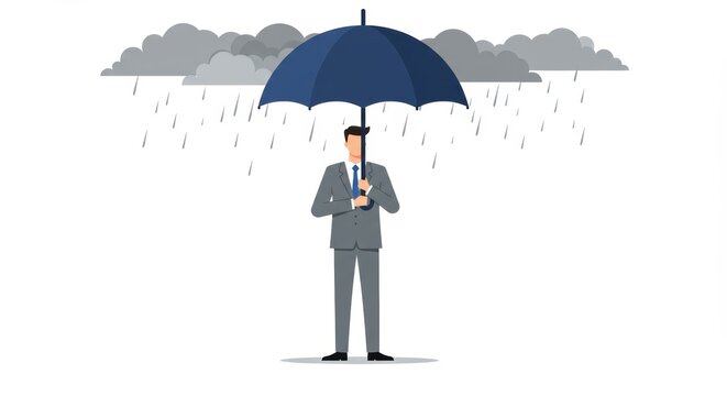 Businessman standing under an umbrella in the rain with clouds  