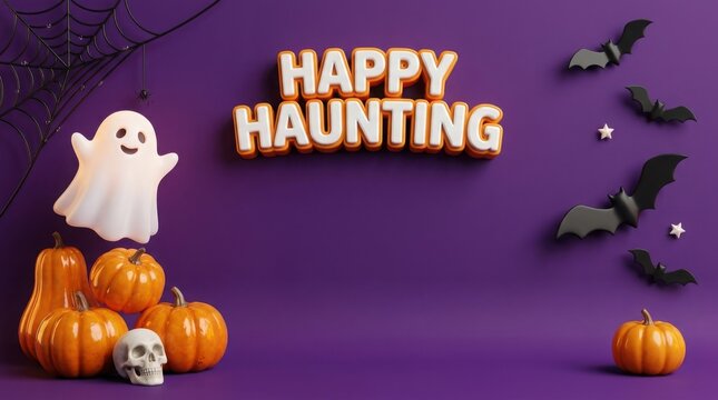 Happy Haunting text with cute ghost and pumpkins for Halloween