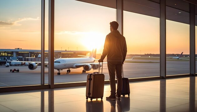 A back view of a male traveler with suitcases standing inside an airport terminal and looking out the window at airplanes on the tarmac during a golden sunrise or sunset.sunset at the beach