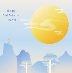 Obraz premium Stylized Mid Autumn Festival scene with a glowing golden full moon, misty mountains, traditional cloud patterns and a peaceful night atmosphere. Suitable for festive posters, greeting cards, banners a