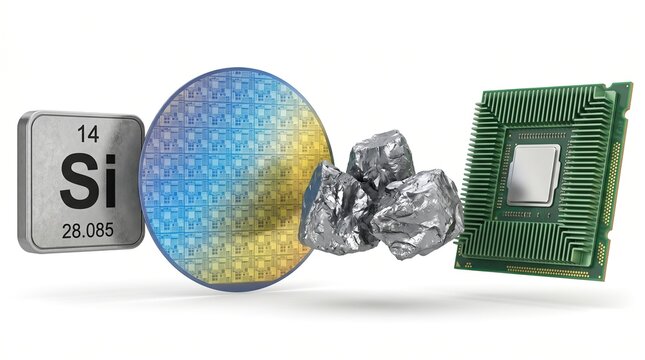 Silicon element, raw ore, semiconductor wafer and computer processor chip on white background