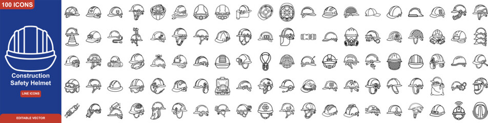 Naklejka premium Construction Safety Helmet Line Icon Set. Including Hard Hat Types, Earmuffs, Headlamps, Face Shields, Chin Straps, and Industrial Accessories