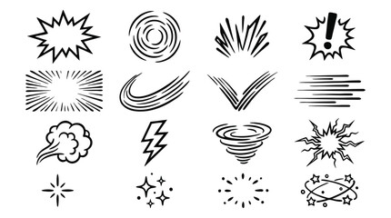 Fototapeta premium Comic speed lines and action effects set, 16 hand-drawn manga motion symbols, black ink explosion and impact icons for graphic design