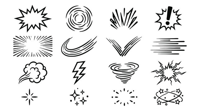 Comic speed lines and action effects set, 16 hand-drawn manga motion symbols, black ink explosion and impact icons for graphic design