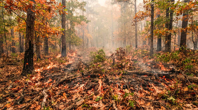 Incendio forestal que avanza lentamente consumiendo la hojarasca seca y el suelo del bosque entre humo y llamas.
