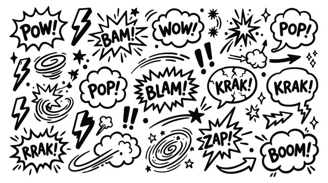 Comic book sound effects set, hand drawn pop art speech bubbles, black and white doodle action words vector collection