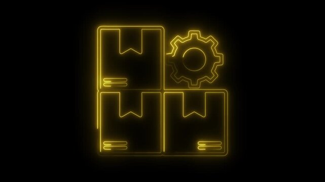 Neon shipping boxes with gear animated icon on black background