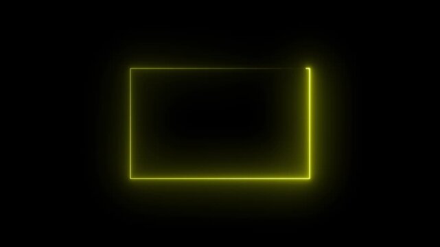 Neon Rectangle Picture Frame Icon Animation Glowing yellow Color neon box round shape screen rotation border frame effect seamless footage smooth line wallpaper on black background