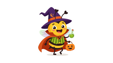 Naklejka premium Cute Halloween Bee Character in Costume Holding Potion and Pumpkin