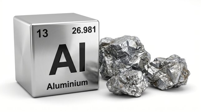 Aluminium element cube with raw metal ore chunks isolated on a white background.