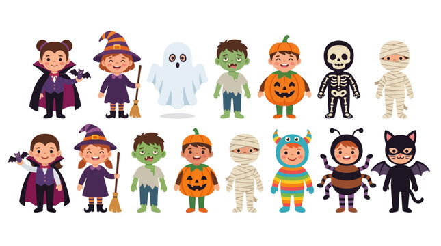 Cute Cartoon Halloween Characters in Costumes on White Background