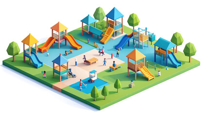 Fototapeta premium Isometric colorful children playground with slides and swings.