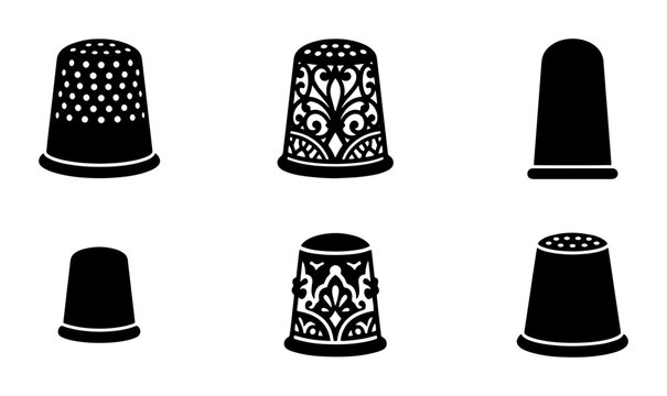 70 Set of 6 Vintage Thimbles, Sewing Tools Collection, Decorative Metal Finger Guards, Retro Craft Supplies, Black and White Vector Icons 100