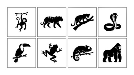 Naklejka premium 70 Jungle Wildlife Silhouettes: 8 Black Vector Icons of Exotic Animals, Including Monkey, Tiger, Panther, Cobra, Toucan, Frog, Chameleon, and Gorilla, Perfect for Nature Graphics 100