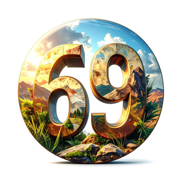 Dramatic number 69 with landscape scene