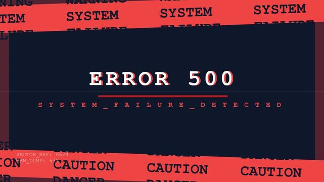 Error 500 system failure, Error message on screen with caution tape, technology and computing error, symbolizing system failure and technology issues, seamless loop