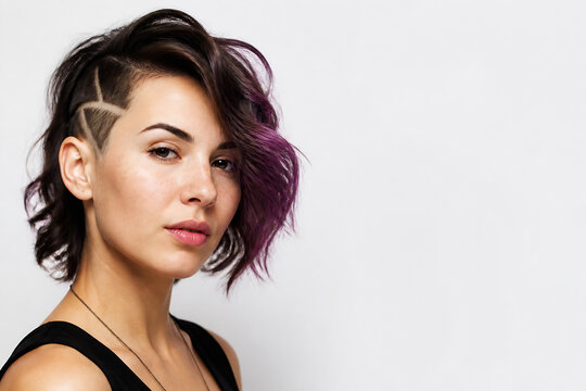 A young woman with dark hair featuring purple highlights and an undercut is posing against a plain white background.