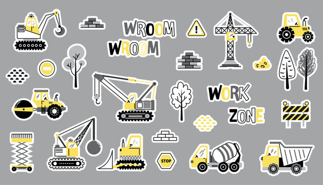 Cute construction sticker collection for children with crane bulldozer road roller dump truck concrete mixer lift tractor safety signs bricks trees and work zone elements