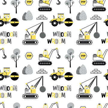 Seamless kids construction pattern with construction vehicles road roller wrecking crane stop signs bricks trees and playful work zone lettering on white background