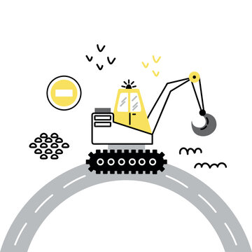 Kids construction poster with yellow tracked excavator wrecking ball road stop sign stones and playful graphic elements on white background