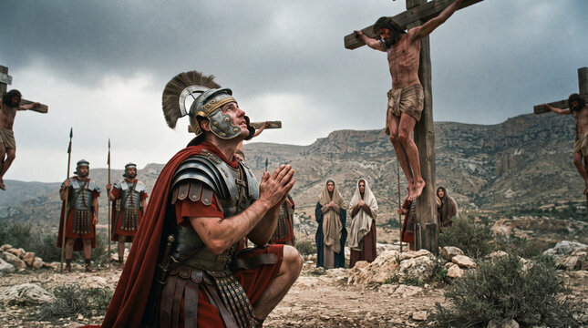 Un centuri&oacute;n romano se arrodilla con devoci&oacute;n ante Jesucristo crucificado en el monte G&oacute;lgota bajo un cielo tormentoso.