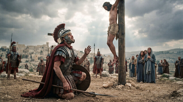 Un centuri&oacute;n romano se arrodilla con devoci&oacute;n ante Jesucristo crucificado en el monte G&oacute;lgota bajo un cielo tormentoso.