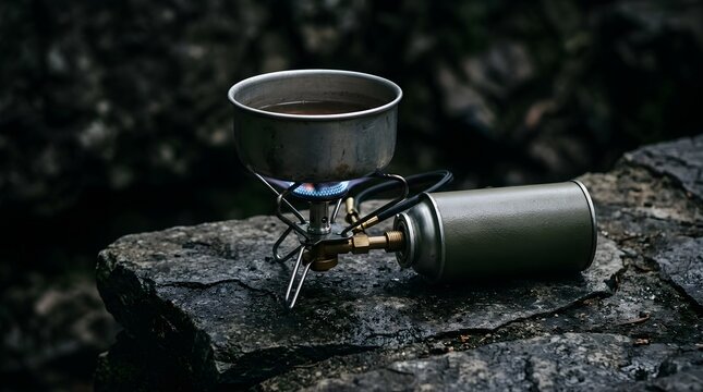 Portable camping stove boiling water in a metal pot on a rocky surface
