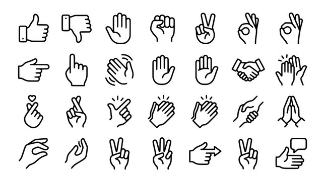 Hand Gesture Outline Pictogram Collection with Editable Stroke Thin Line Vector Symbols