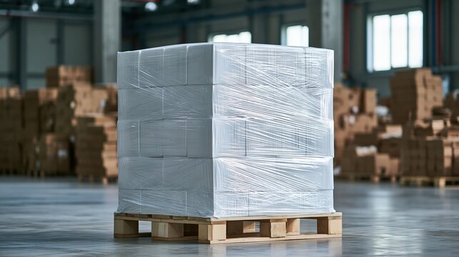 Wrapped pallet stack in industrial warehouse