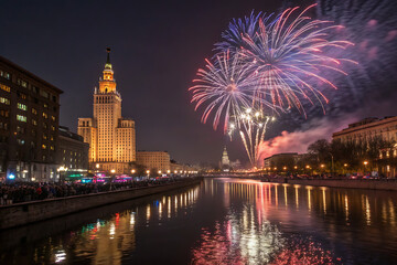 Naklejka premium Fireworks forming a beautiful circular burst over a festive city celebration, colorful reflections, cinematic night photography, ultra realistic, 8K