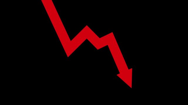 Red down business arrow on a financial graph animation economic recession, market decline, business loss, and financial crisis 4k motion video.