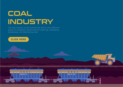 Modern coal industry banner background for fossil fuel energy business. Heavy mining excavator machinery, mineral power plant plant extraction, and industrial cargo vector illustration.