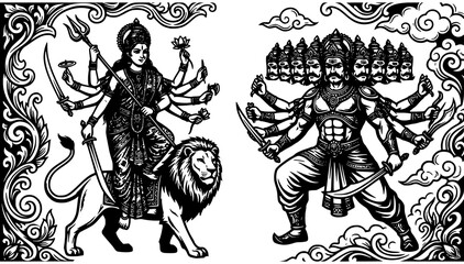 Fototapeta premium Complete Durga Puja Festival Items Hand Drawn Black White Vector Collection