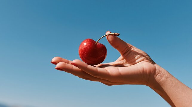 Close up of a hand holding a single ripe red cherry against a clear blue sky