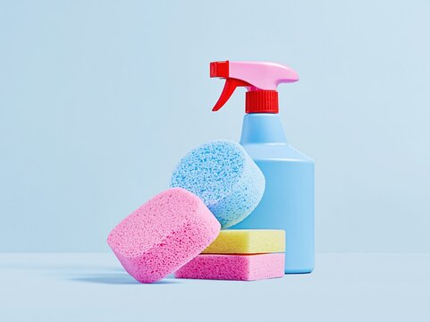 Vibrant Cleaning Supplies: Blue Spray Bottle with Pink and Blue Sponges on Light Blue Background