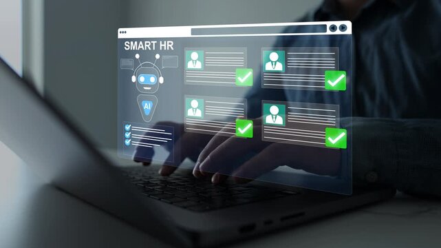 Smart HR AI technology concept featuring artificial intelligence for recruitment, talent acquisition, resume screening, candidate assessment, and workforce management. Digital human resources platform