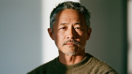 Obraz premium Mature man with gray hair and mustache looking directly at camera